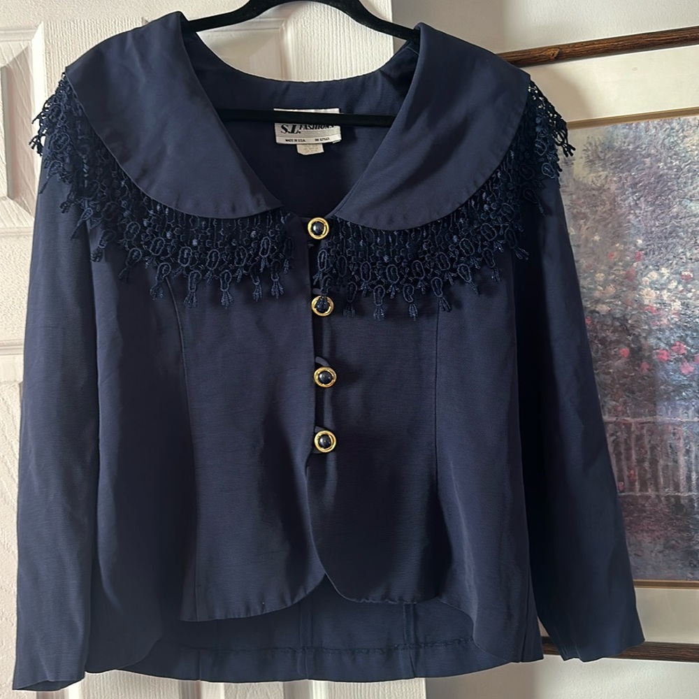 Vintage 1980s Navy Blue Lace Collar Jacket Victorian Gothic Steampunk Womens L